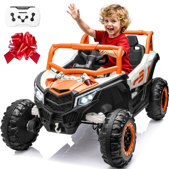 Jorfly 24V Ride on Car Truck w/Remote Control, 4WD Powered Car Wheel Kids UTV, XL Spacious Seat, 4 Shock Absorbers, Music Player, Electric Car for Kids, Orange