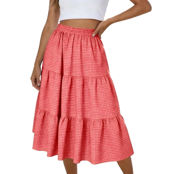 BUIGTTKLOP Maxi Skirt for Women Summer Casual Elegant Smock Layered Tiered High Waisted Plaid A-Line Flowy Long Skirts with Pockets