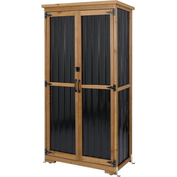 Petsblublu Outdoor Storage Cabinet,Wood & Metal Storage Shed with Adjustable Shelves & Lockable Doors,for Backyard Patio, Gardening Tools