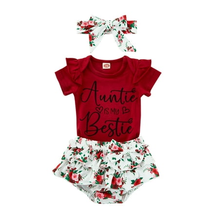 

Genuiskids Newborn Infants Baby Girls 3Pcs Summer Outfit Sets Letter Print Short Sleeve Romper Flower Print Shorts with Headband Clothes Suits