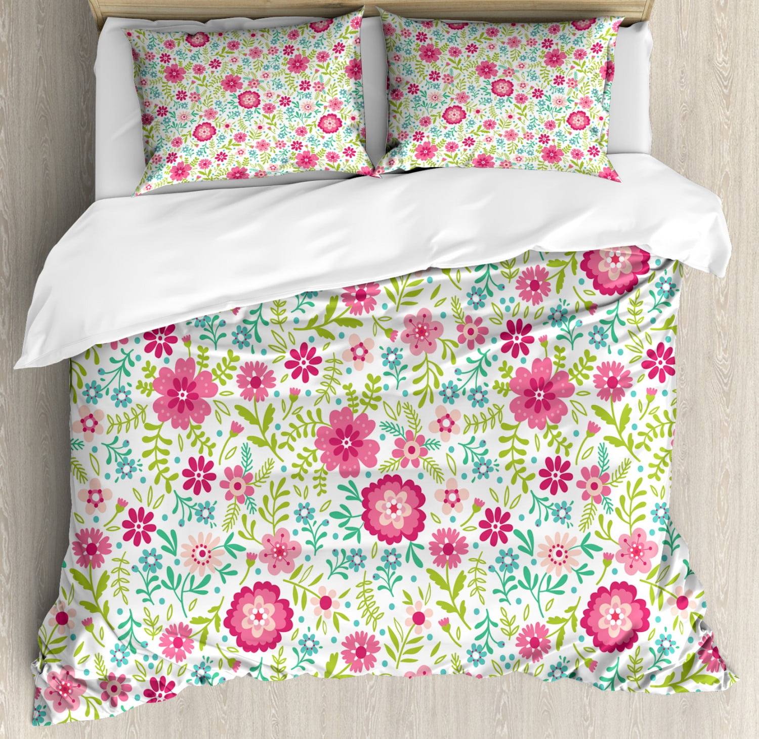 Spring Duvet Cover Set Queen Size, Blossoming Field with Fern Branches