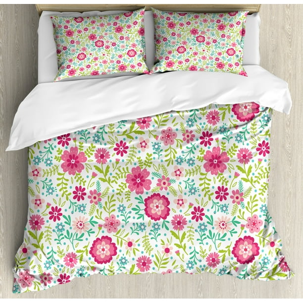 Spring Duvet Cover Set Queen Size, Blossoming Field with Fern Branches