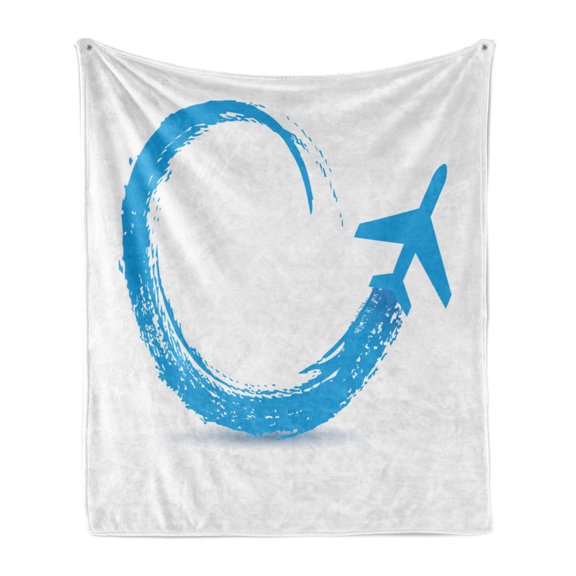 Airplane Soft Flannel Fleece Throw Blanket, Artwork of a Civil Aircraft Path Paintbrush Stroke Hand Drawn Inspired, Cozy Plush for Indoor and Outdoor Use, 50" x 70", Sky Blue and White, by Ambesonne