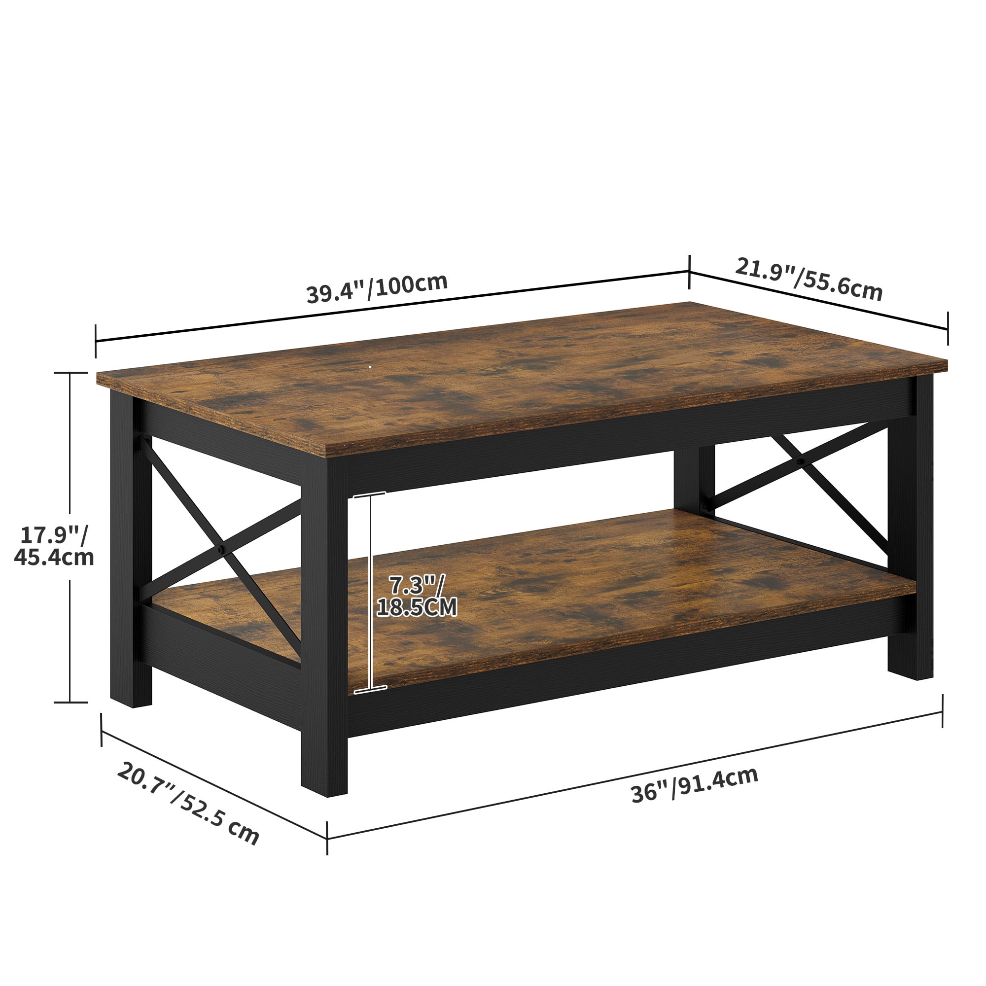 Dextrus Farmhouse Coffee Table with Open Storage Shelf, 2-Tier Thicken Wood Accent Cocktail Center Ends Table for Living Room Home Office, Rustic Brown