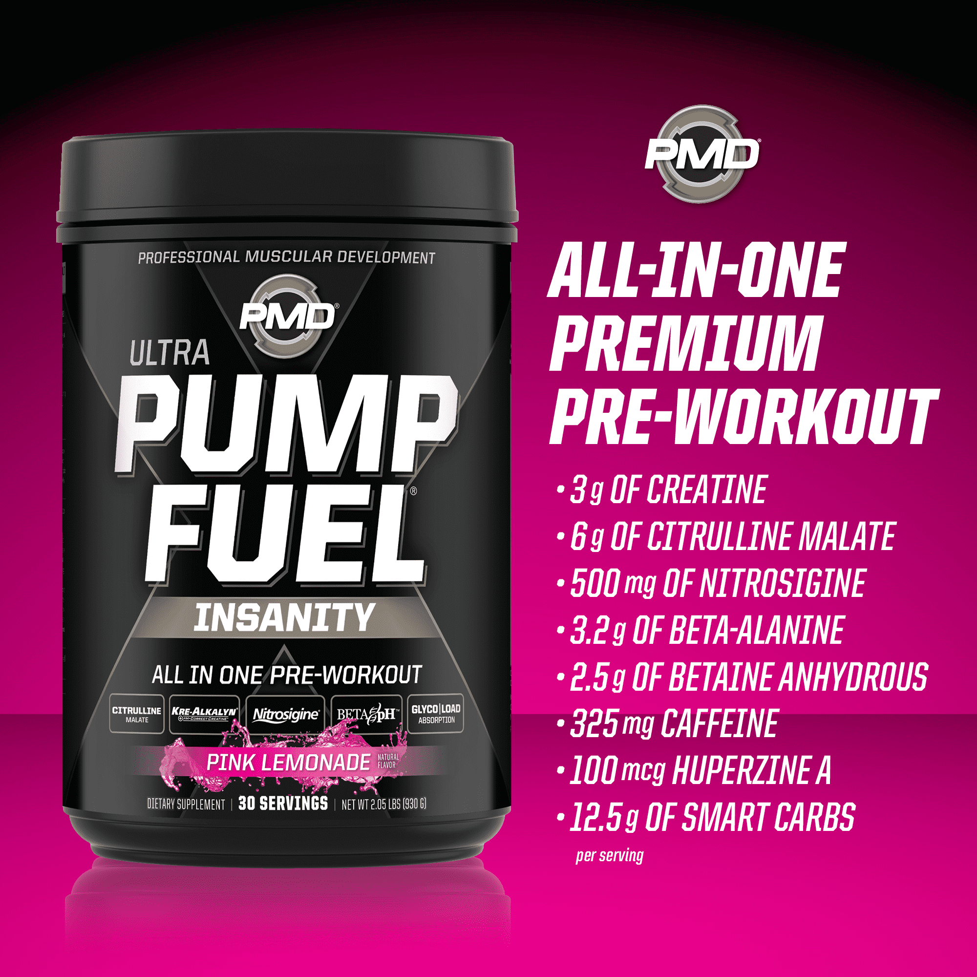 PMD Sports Ultra Pump Fuel Insanity - Pre Workout Drink for Energy, Strength, Endurance, Muscle Pumps and Recovery - Complex Carbohydrates and Amino Energy - Electric Pink Lemonade - 30 Servings