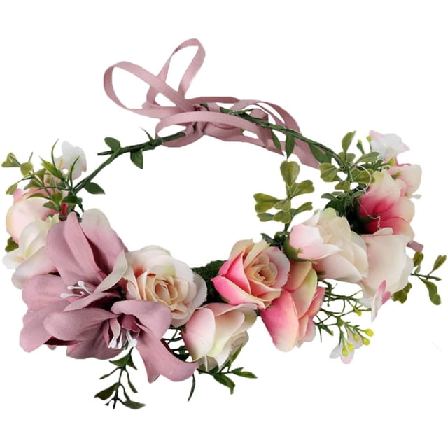 Corona floral Diadema Corona de flores Corona Corona para el cabello Guirnalda para el cabello Flor Halo Tocado floral Boho con cinta Fiesta Boda Festival Rosa