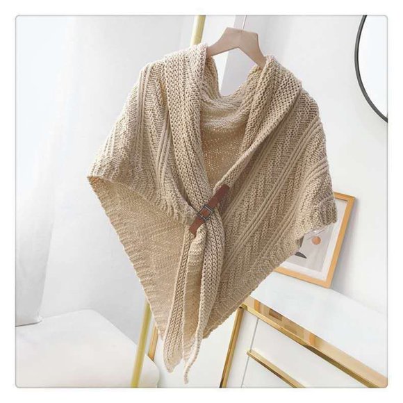 Knitted Wool Shawl, Belt Buckle, Triangle Scarf Shawl, Fashionable And Versatile,Beige