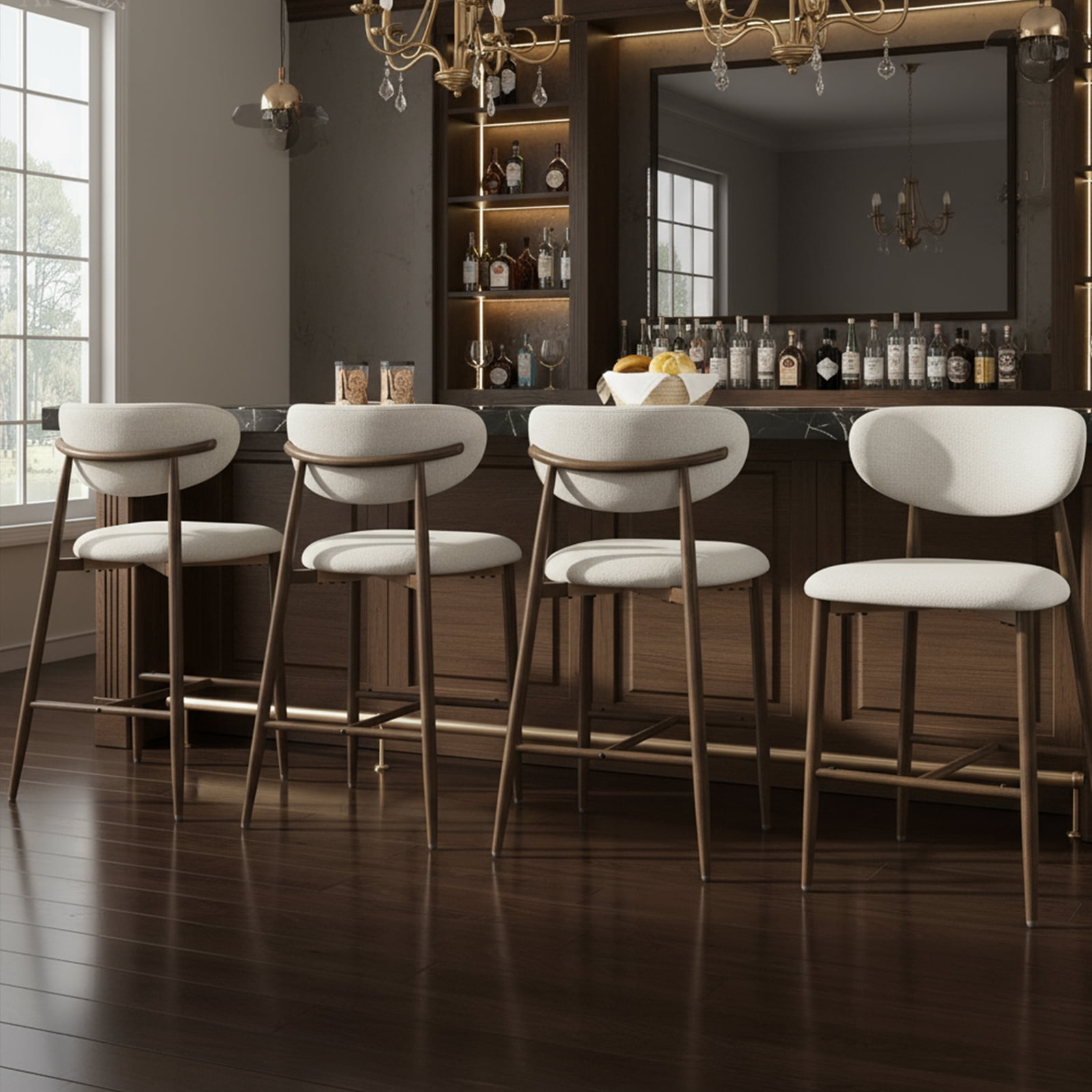 AFO Counter Height Bar Stools Set of 4, Modern Upholstered Kitchen Island Chairs with Back, Wood Grain Metal Legs, Beige