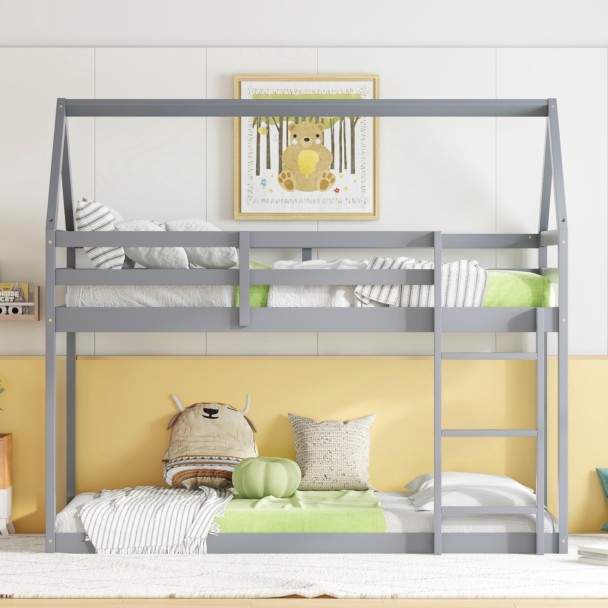 PORKISS Bunk Bed Twin Over Twin, Kids Low Floor Bunk Bed with Guard Rails for Children Boys Girls Dormitory Bedroom, Rubber Wood Bunk Bed, No Box Spring Needed, Grey #