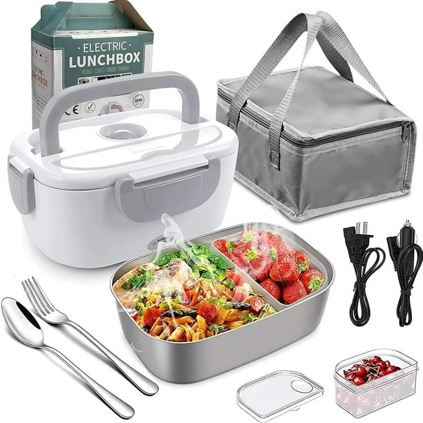 Lonchera Termica Eléctrica Portátil para Hombre y Mujer, 3 en 1 Fiambrera 1.5L, Calentador de Alimentos, Caja Almuerzo con Recipientes Acero Inoxidable Horquillas (24v/110v/220v, 60w Gris) gris