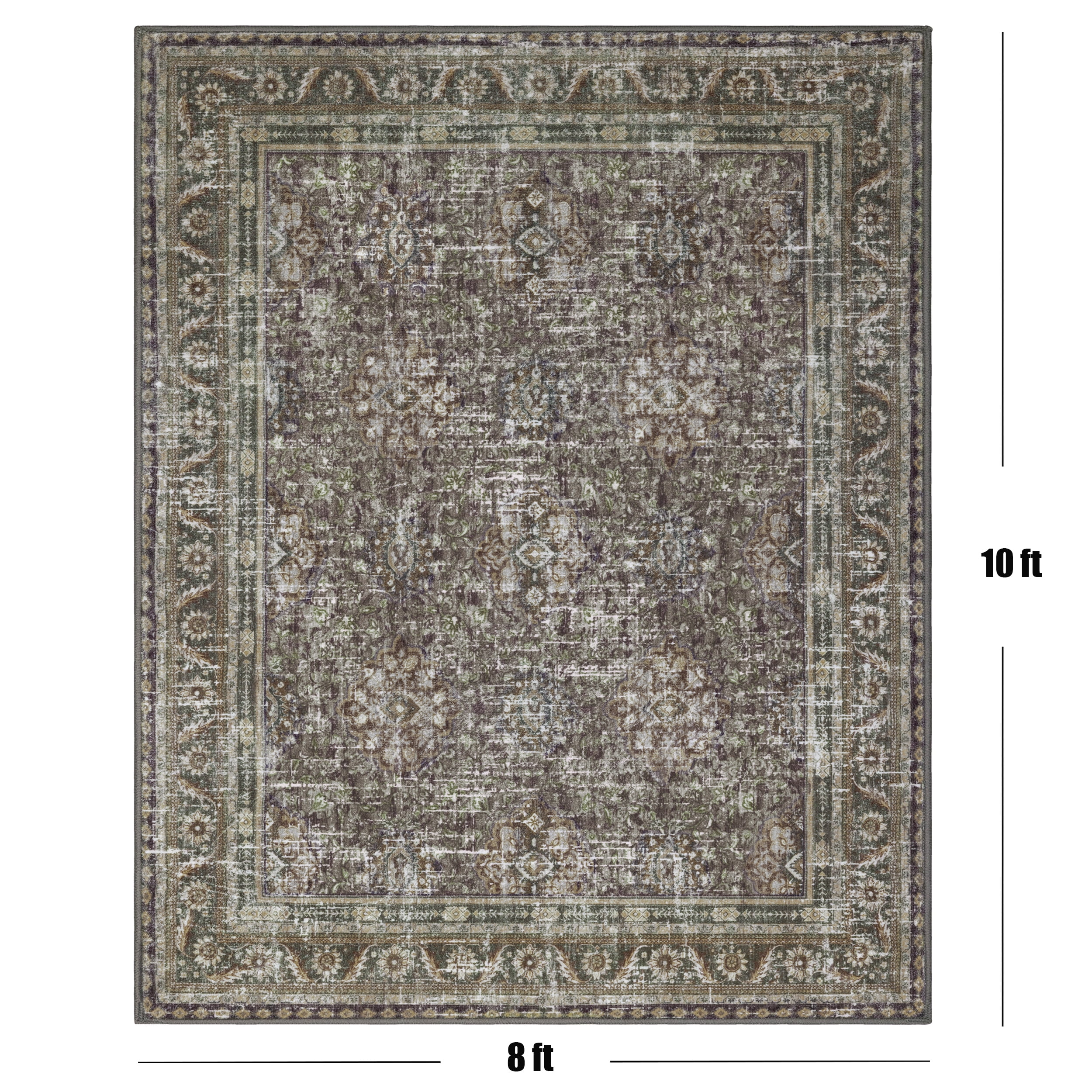 ARJINCUTE Distressed Vintage Low Pile Area Rugs 8'x10', Non-Slips Machine Washable Traditional Farmhouse Floor Carpet, Green