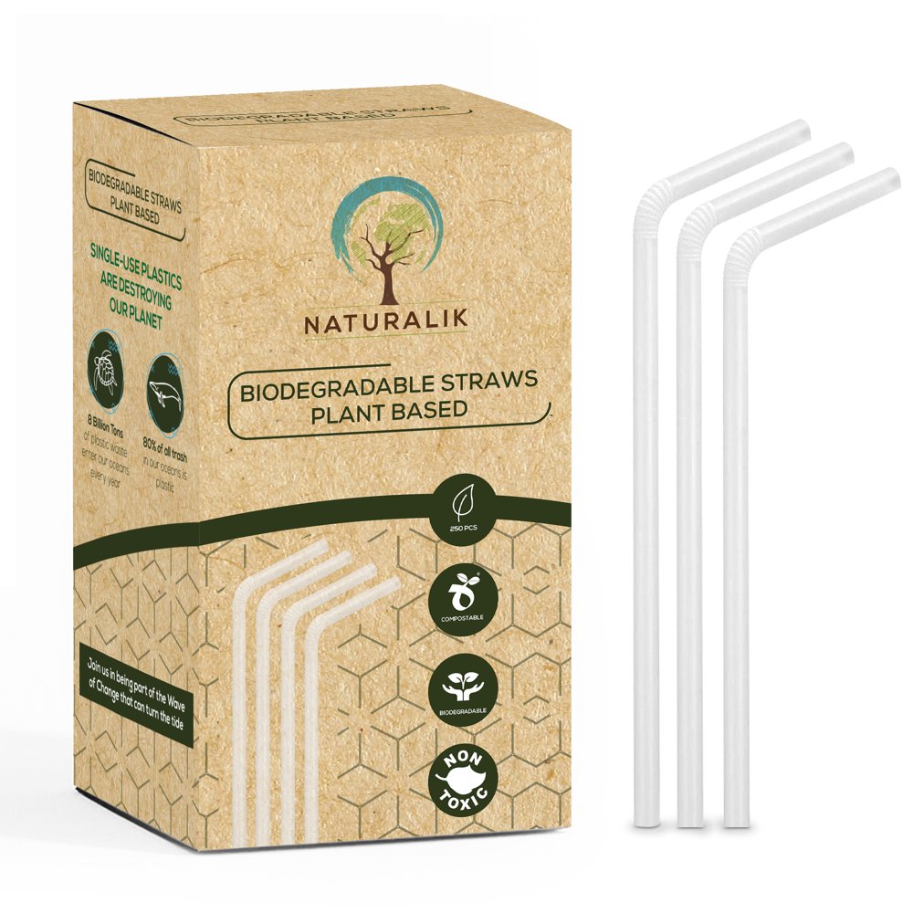 Naturalik 250 Pack Biodegradable Plant Based Straws 9" Long Straws 100 Compostable Flexible