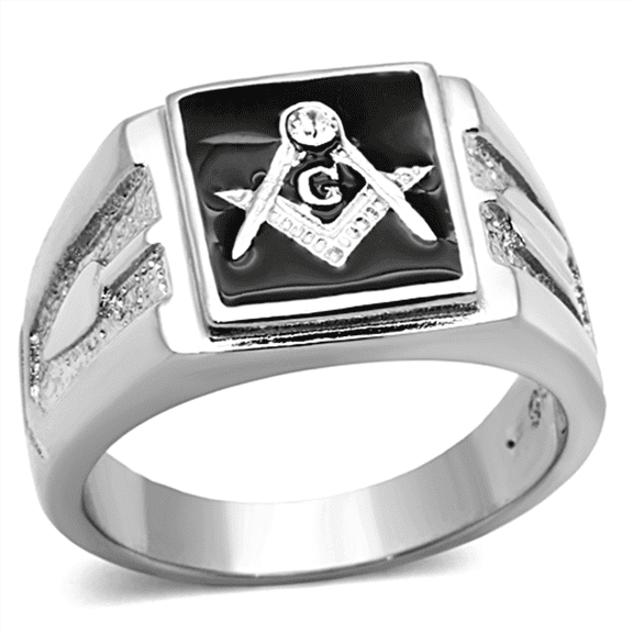 Luxe Jewelry Designs Men's Stainless Steel Masonic Style Ring with Crystal Black Epoxy - Size 14