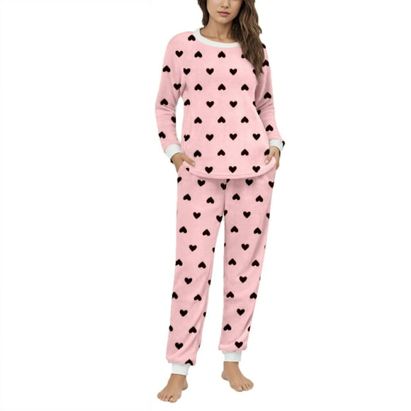 Qholemyo Ensembles de Pyjama Duveteux pour Femmes, Mignon Imprimé Cœur, Manches Longues, Molleton Pelucheux, Vêtements de Nuit et Joggers, Ensemble de Pyjama 2 Pcs, Hiver, Doux, Confortable, Peluche, Chaud, Tenue de Détente avec Poches