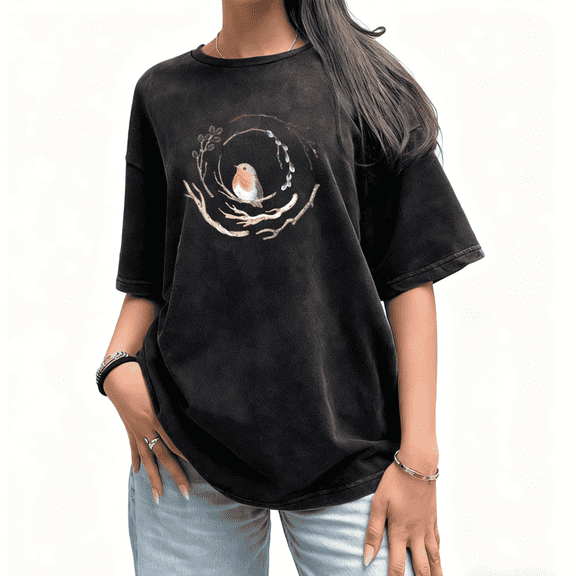 Women's Robin Bird Nature Comfortable Tee Casual Top Botanical Animal Graphic Black S-2XL Plus Size