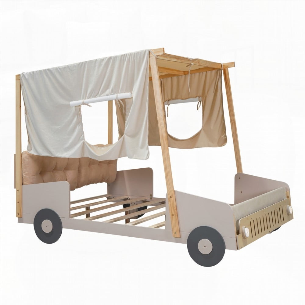 Natural Wood Full Size Car Bed featuring Playful Design & Comfortable Pillow