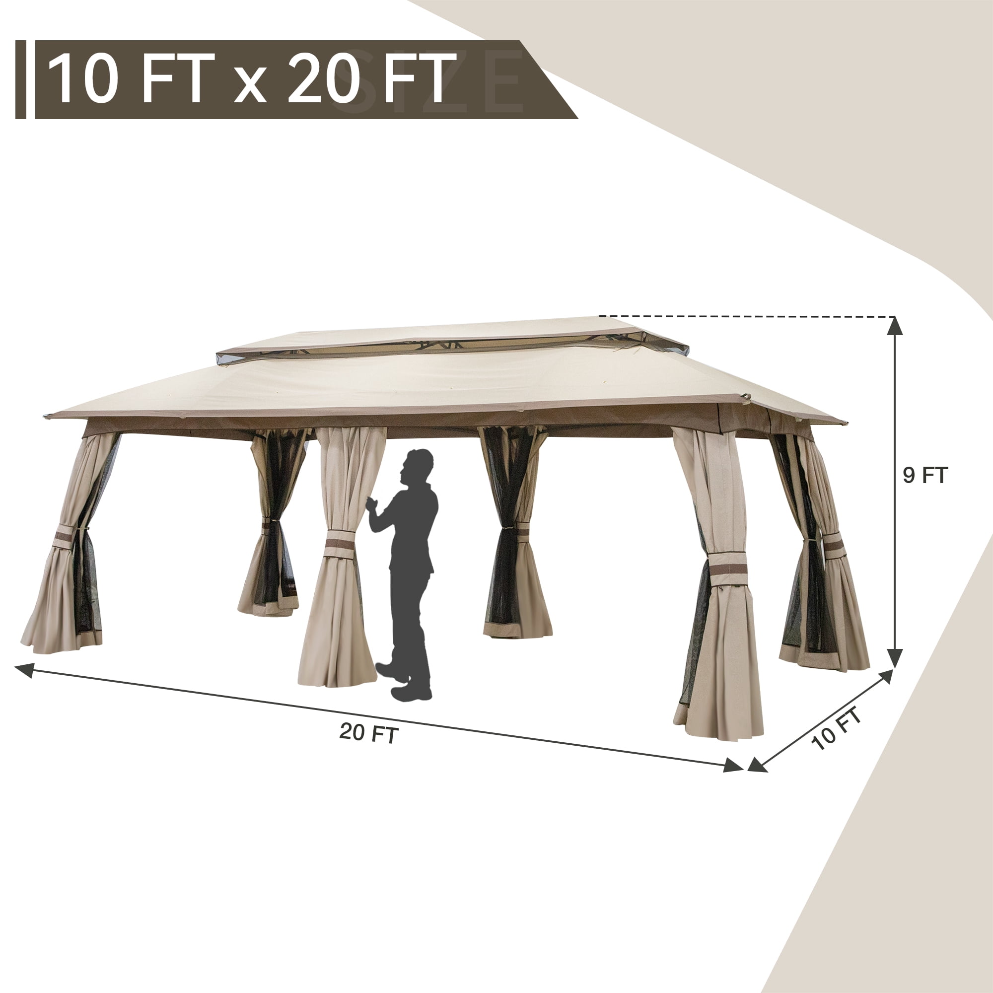 Meetleisure 20'x10' Canopy Gazebo, Patio Party Tent with Vented Soft Top, Outdoor Garden Gazebo for Backyard,Beige