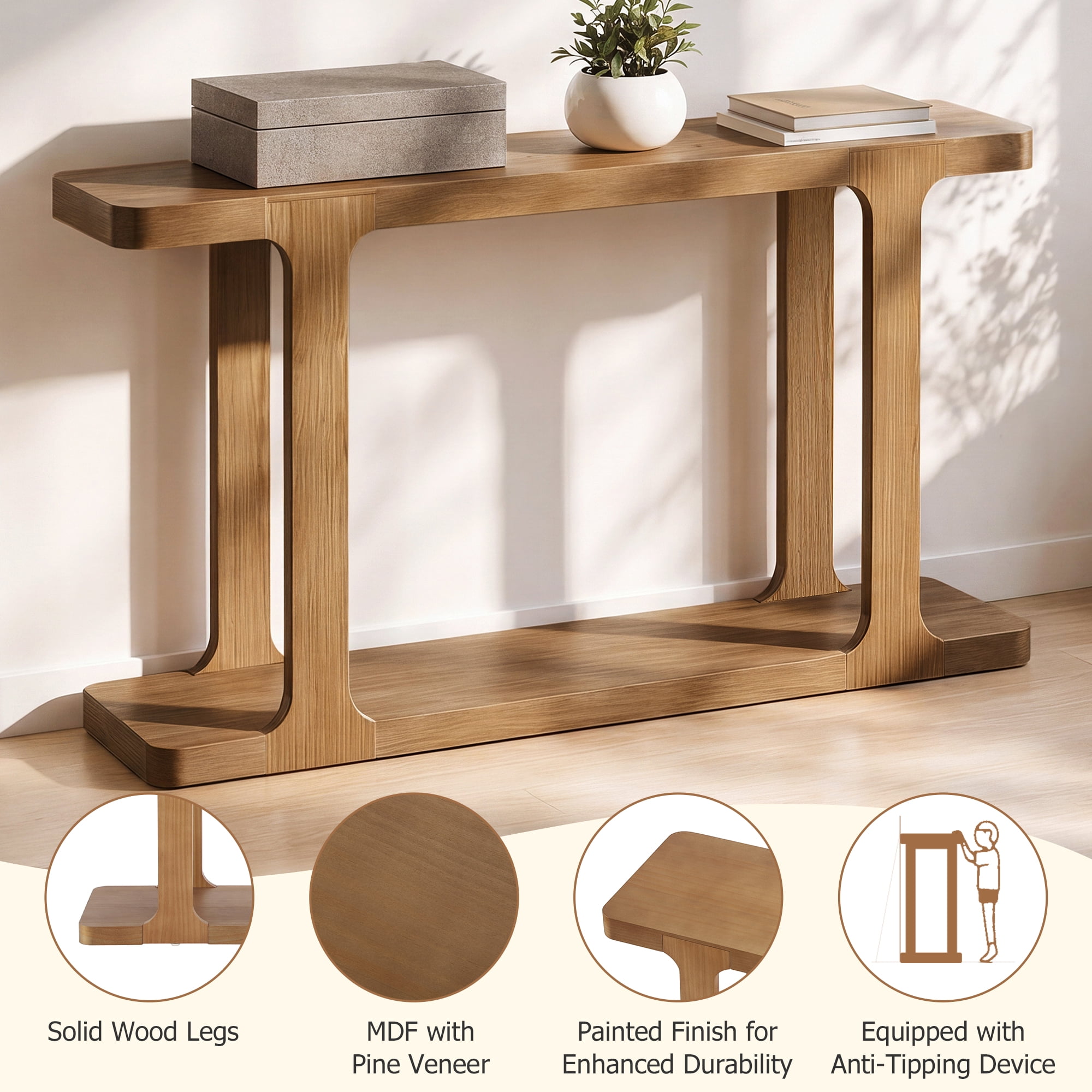 Mintazer 50" Mid Century Modern Console Table, Entryway Table with U-Shaped Cutout Legs & 2 Tier Storage Shelves, Anti-Tip Sofa Table for Hallway Living Room Foyer, Natural