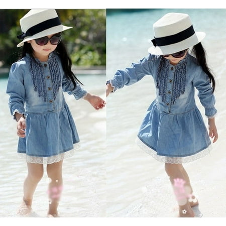 Girl Kids 2-8Y Denim Blue Beautiful Lace Cowboy Clothes Long Sleeve Dress PXL154