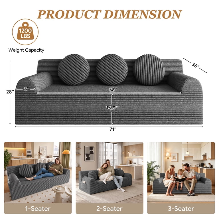 UHOMEPRO 71" 3-Seater Cloud Couch, Deep Seat Gray photo 4
