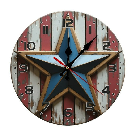 Star Wood Wall Clock 10 Inch Silent Non Ticking Round Wooden Clock Decoration for Living Room Kitchen Bedroom Bathroom Office Classroom