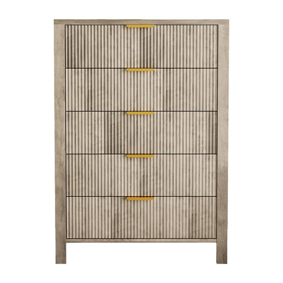 Fluted 5 Drawer Dresser for Bedroom, 45 Inch Tall Narrow Nightstand, Modern Chest of Drawers, Wooden Storage Organizer for Small Spaces, Living Room, Closet, Entryway