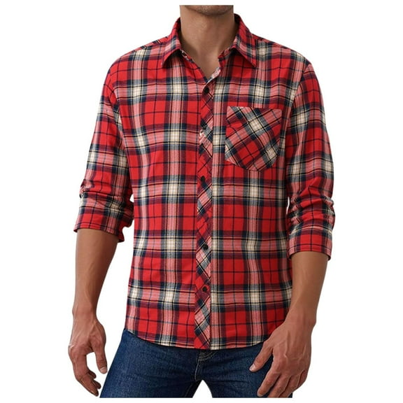 Fnooota Mens Plaid Shirts, Collared Basic Lightweight Casual Long Sleeve Button Up Shirts Red Size M-5XL