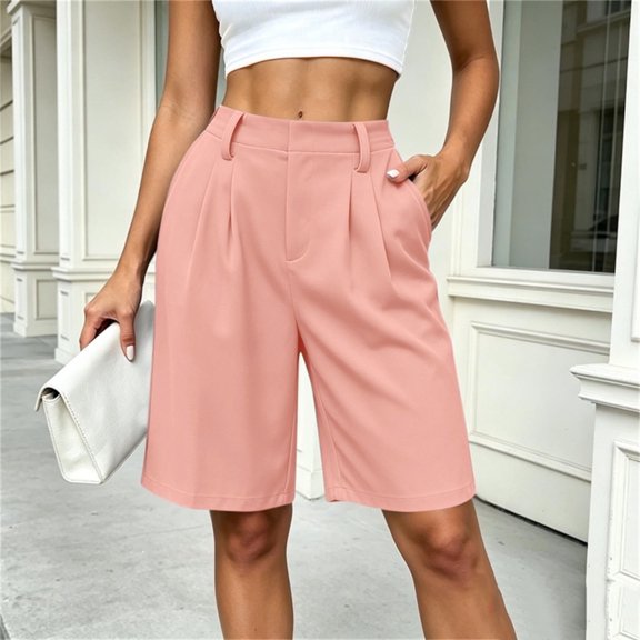Puyaiuu Women Elastic High Waist Pleated Side Pocket Knee Length Bermuda Shorts Pink XXL Gift