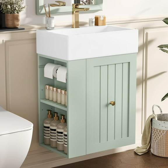 20" Floating Bathroom Vanity with Sink Combo, Modern Wall Mount Bathroom Cabinet with 1 Soft-Close Door and Open Side Storage, Space-Saving, Green
