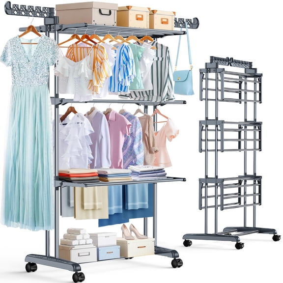 ASKMEET Clothes Drying Rack, 4-Tier Foldable Stainless Steel Laundry Rack with Wheels