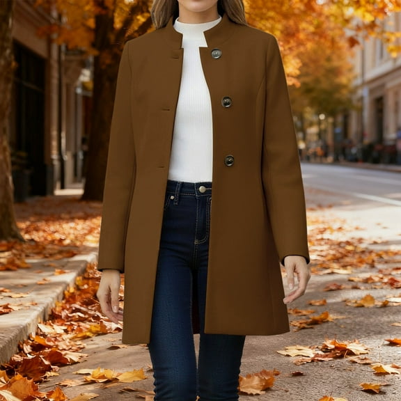 Miqool Womens Wool Trench Coat Stand Collar Single Breasted Pea Coat Dressy Casual Mid Length Overcoat