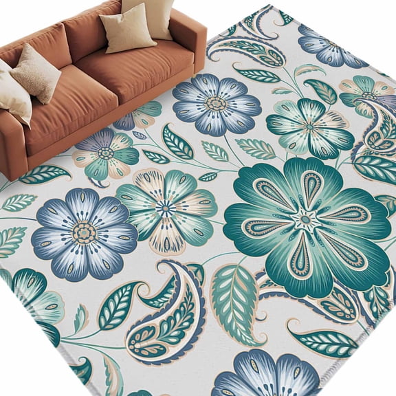 5x8 Area Rugs for Living Room, Teal Paisley Pattern Non Slip Area Rugs for Kitchen Bedroom Entryway, Boho Ethnic Floral Traditional Washable Carpet Runner Rug Floor Mats for Bedroom Home Decor