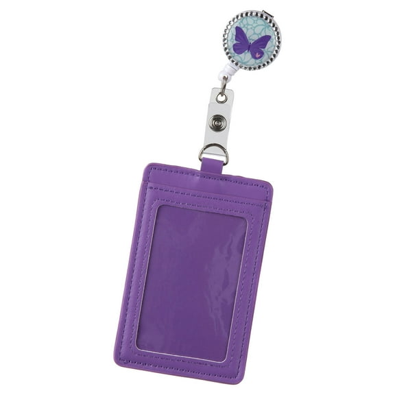 Essentials Brand Women's Retractable Badge Reel with Purple Butterfly and Purple Faux Leather Pocket, 8" Long
