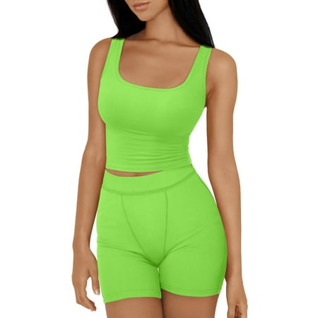 Summer Clearance Sale! Joau Workout Sets for Women Matching 2 Piece Seamless Ribbed Sports Bra Crop Tank Top and High Waist Shorts Yoga Gym Tracksuits Outfits Active Set