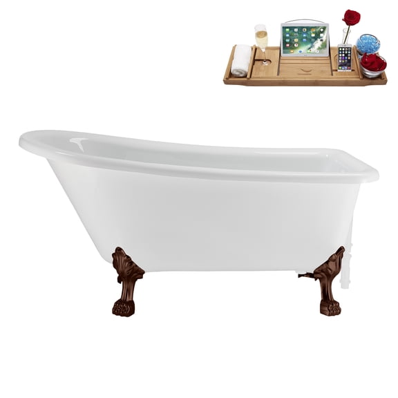 58" Streamline N4860ORB-WH Soaking Clawfoot Tub and Tray With External Drain in Glossy White and Matte Oil Rubbed Bronze Clawfeet