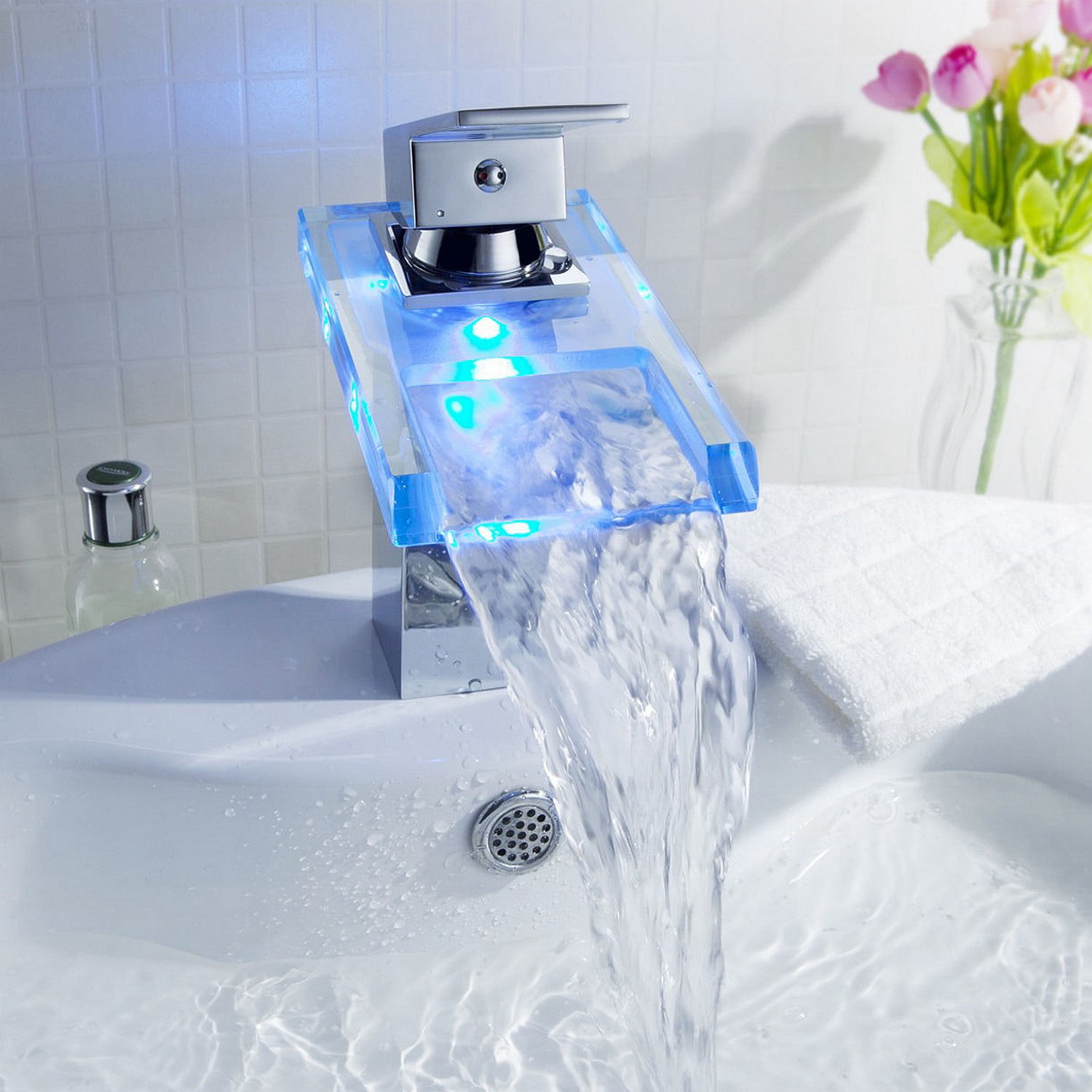 3 Colors LED Changing Waterfall Faucet Mixer Bathroom Basin Hot&Cold Tap 