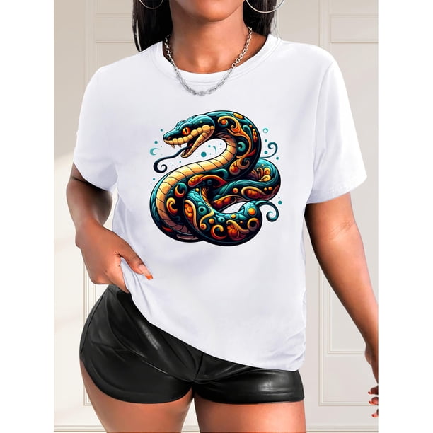 Camiseta informal de moda para mujer, con estampado de serpiente, cuello redondo y manga corta, con elementos de Año Nuevo, para deportes de ocio.