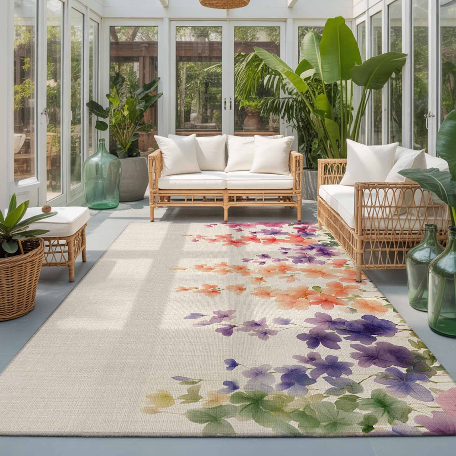 Area Rug 4x6ft Watercolor Pastoral Wildflowers Washable Rugs for Living Room Bedroom Floral on Vintage Linen Soft Non-slip Area Rugs Rectangle Floor Carpet for Dining Room
