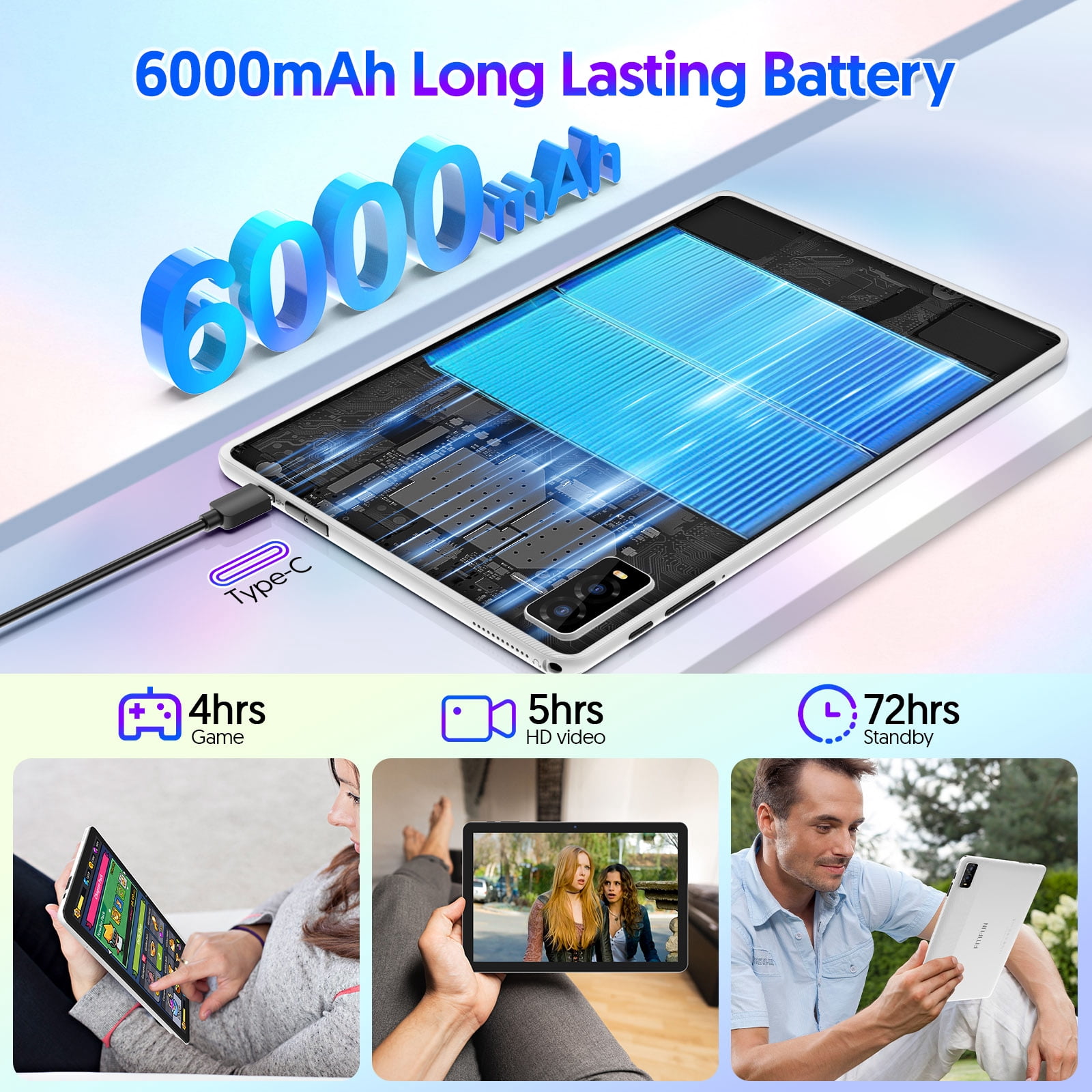 10.1 Inch Tablets Android 14 Tablet with Octa-Core,8GB+32GB+1TB TF Expansion, 6000mAh Battery,5G WiFi6,Dual Camera 2 in 1 Tablets with Keyboard, Mouse,Pen,Case