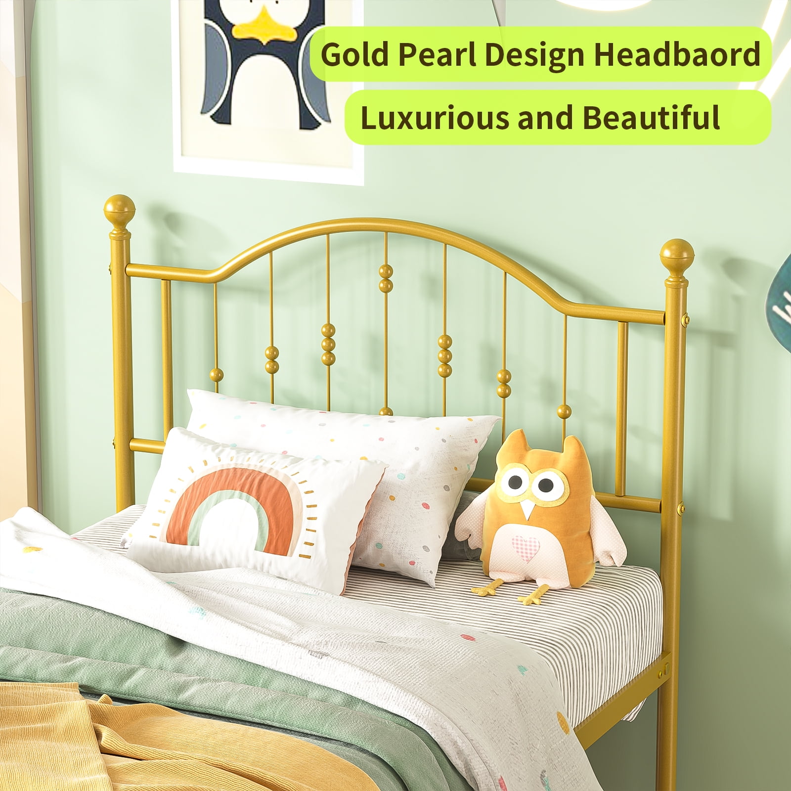 Yoneston Kids Twin Metal Platform Bed Frame with Vintage Headboard No Box Spring Need for Kids Teens, Antique Gold