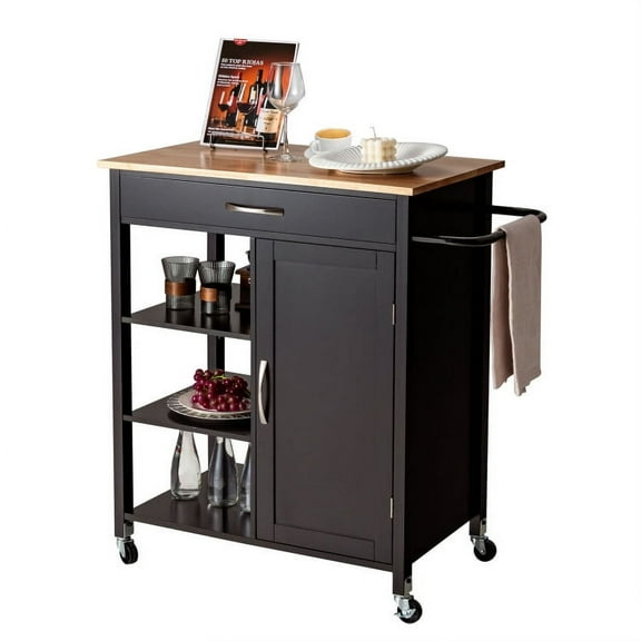 Barara King Kitchen Island Cart, Kitchen Serving Cart,Mobile Kitchen Island Cart with Rubber Wood Top-Brown
