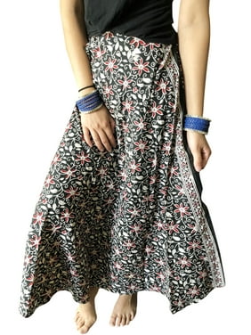Mogul Women Maxi Wrap Skirt, Black White Red Floral Printed Boho Skirt, Flared Beach Summer Gypsy Long Skirts S/M