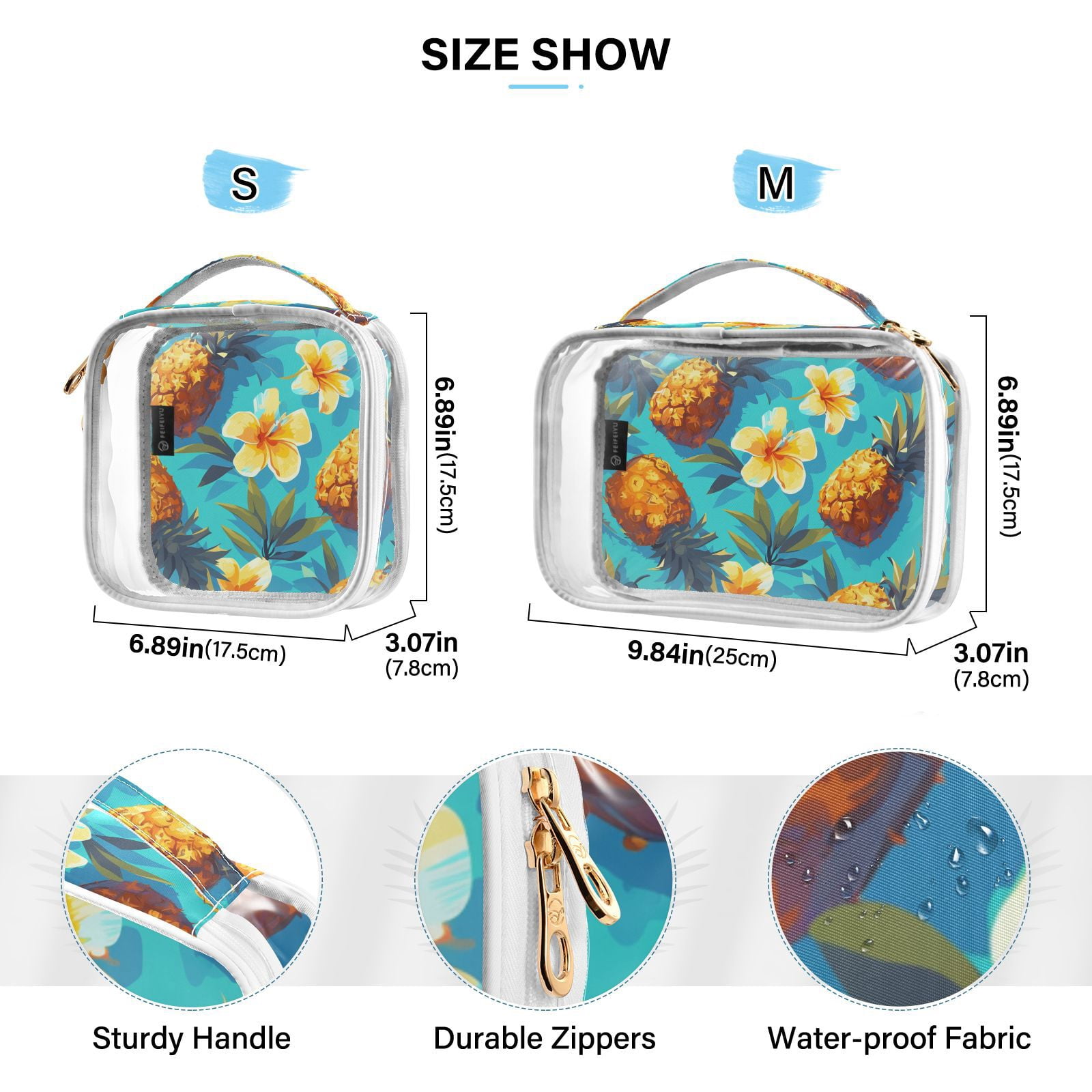 Clear Makeup Bags with Handle Large Opening 2 Pack Set Toiletry Bag Quart Size Bag, for Women Man Traveling Travel Essentials, Toiletries and Other. Flowers Pineapple Summer