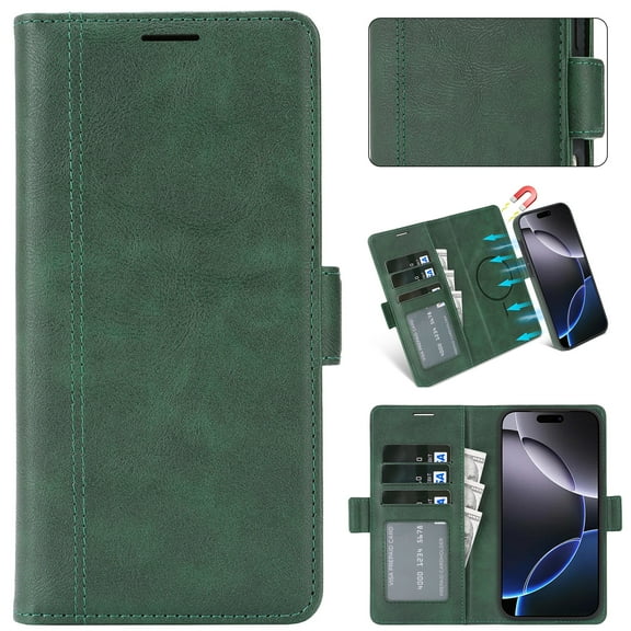 Wallet Case for iPhone 17 Pro Max Compatible with Magsafe, Removable 2-in-1 Premium PU Leather Flip RFID Blocking Card Holder Stand Shockproof Magnetic Detachable Phone Cover,Green