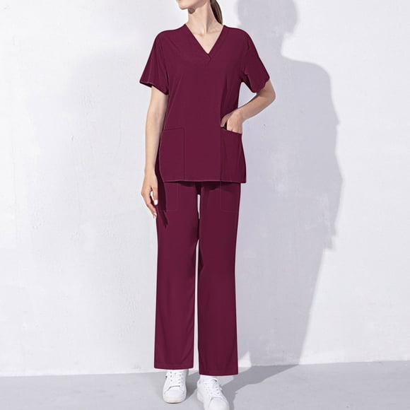 Hanen Basic Scrub Set for Women - Slim V-Neck Scrub Top & Multi Pocket Skinny Cargo Scrub Pants