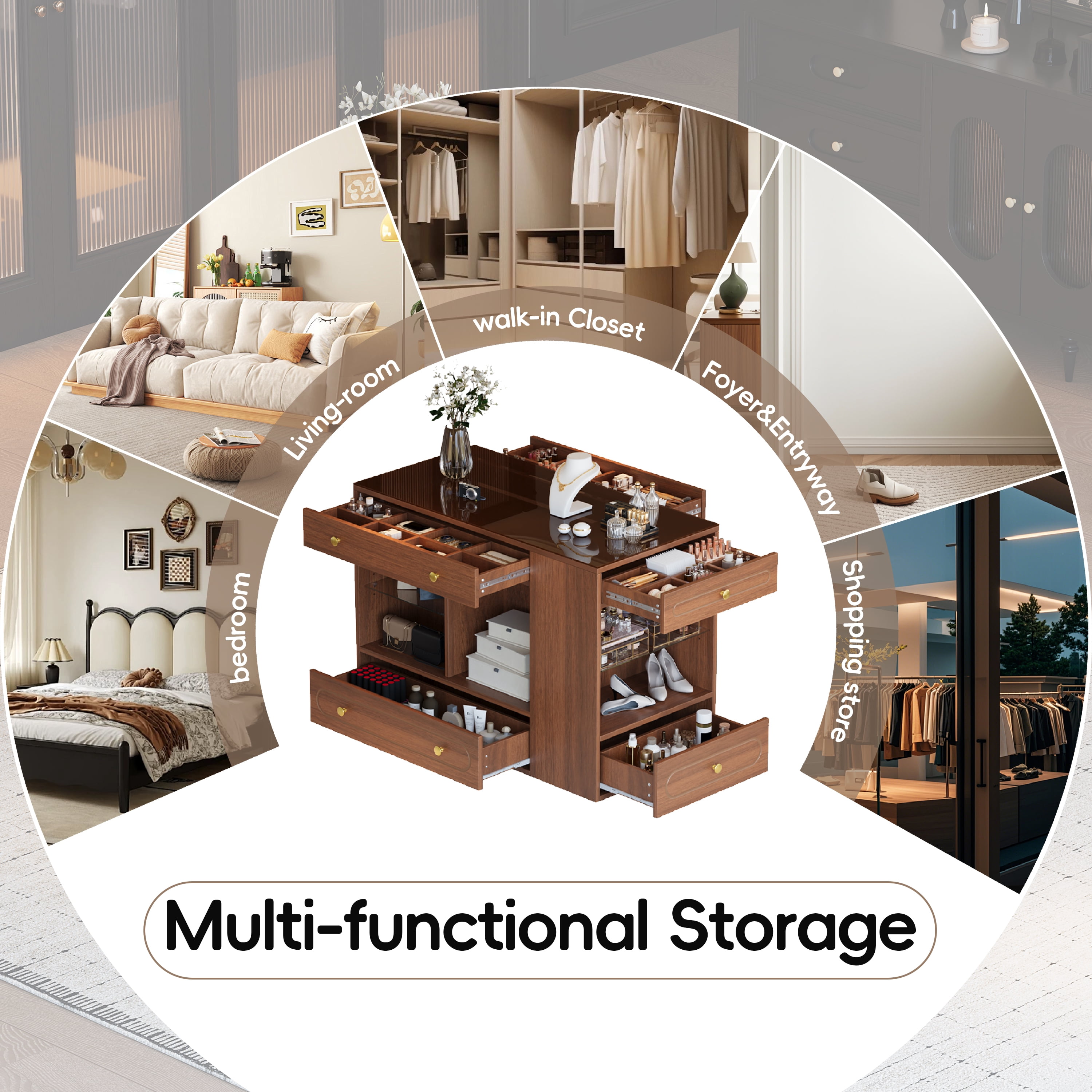 Euroco Modern Closet Island with Glass Display Top & 6 Drawers – Multifunctional Storage for Walk-in Closets, Bedrooms, and Retail Spaces