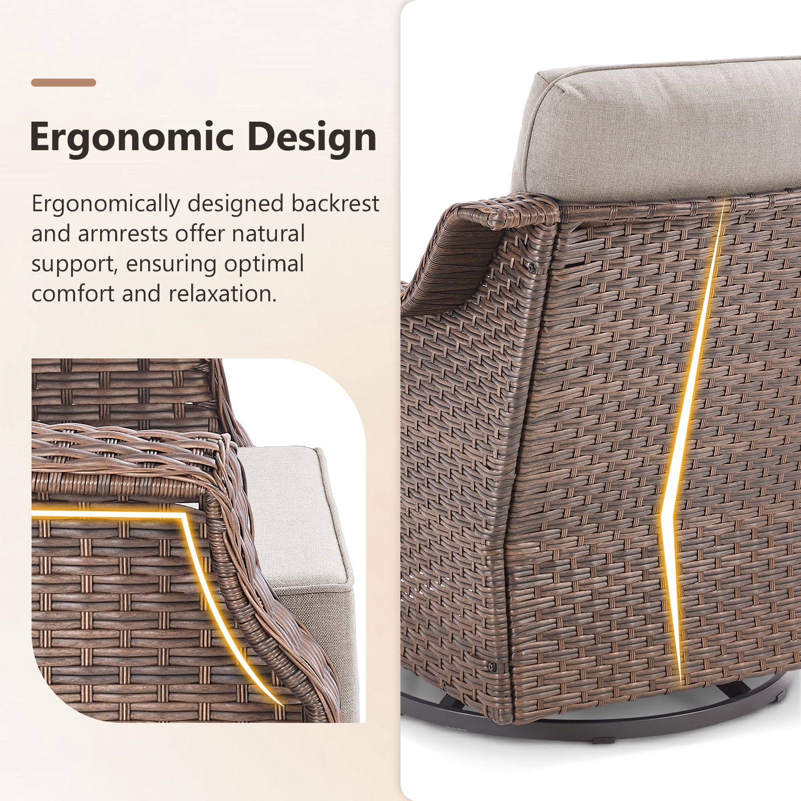 POCASSY 3 Pieces Patio Furniture Set with 6-Inch Thick Cushions Outdoor Swivel Patio Chairs Set of 2, Outdoor Brown Wicker Swivel Glider Rocking Chairs with Side Table for Porch Deck - Beige