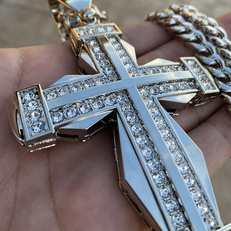 Mens Huge Double Cross Iced Pendant Jesus Piece Necklace Silver Tone Hip Hop Cuban Chain 30