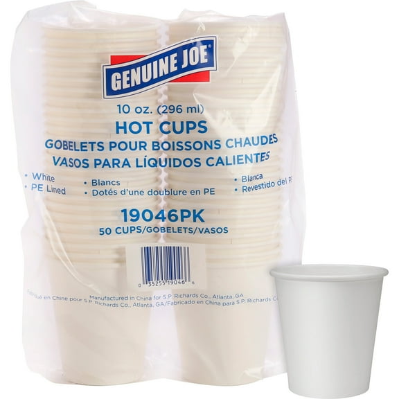 Genuine Joe Lined Disposable Hot Cups - 50 / Pack - 10 Fl Oz - 250 / Bundle - White - Polyurethane - Hot Drink