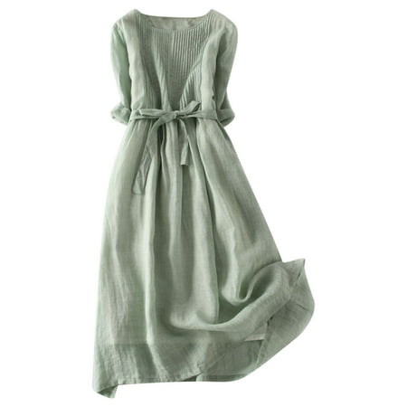 

YanHoo Women s Maxi Dresses Linen Short Sleeve Waist Bandage Swing Dress Solid Casual Basic Dress